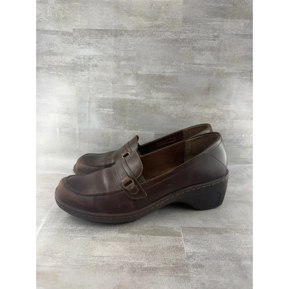 Clarks Women Brown Leather Block Heel Loafers Square Moc Toe 79474 Size 9.5M